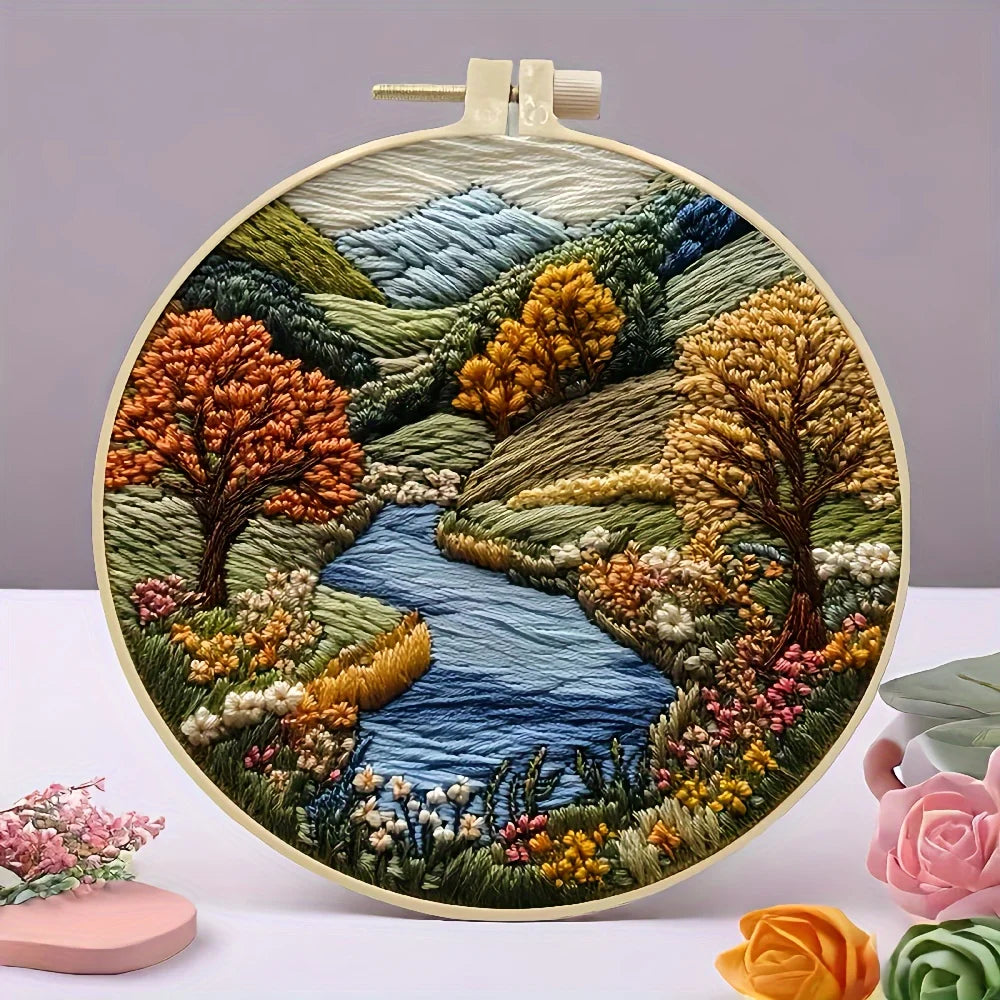 Beginner Hand Embroidery Kit – Mountain & Moon Landscape DIY Set
