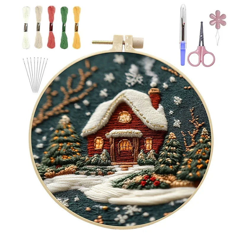 Christmas DIY Embroidery Kit – Cloth, Thread, Hoop, Needles, Instructions