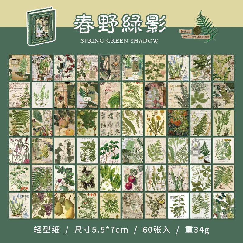 60-Piece Vintage Green Plants & Floral Craft Paper Set