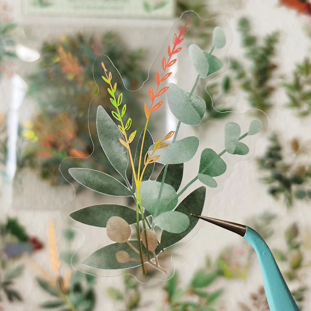 40-Sheet Vintage Gilded Green Leaf & Flower Sticker Set for Crafts