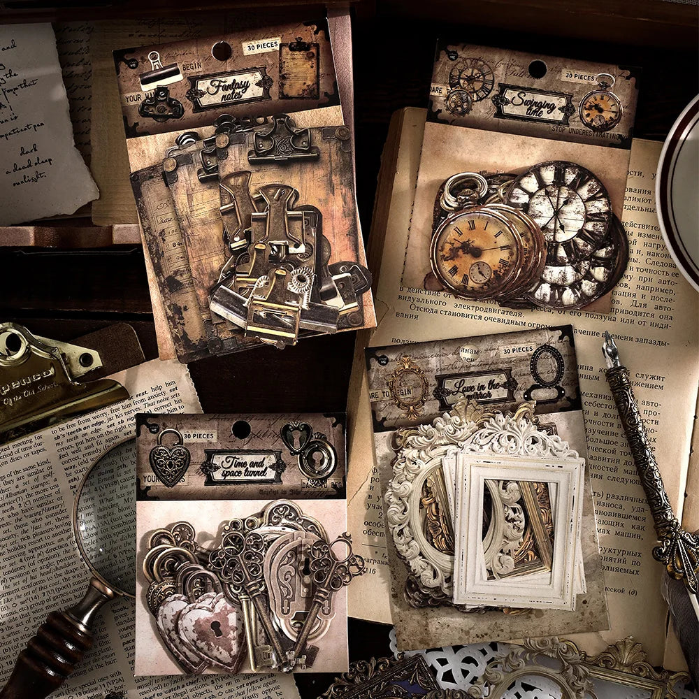 30-Piece Vintage Mechanical Clock Stickers for DIY Projects & Scrapbooking