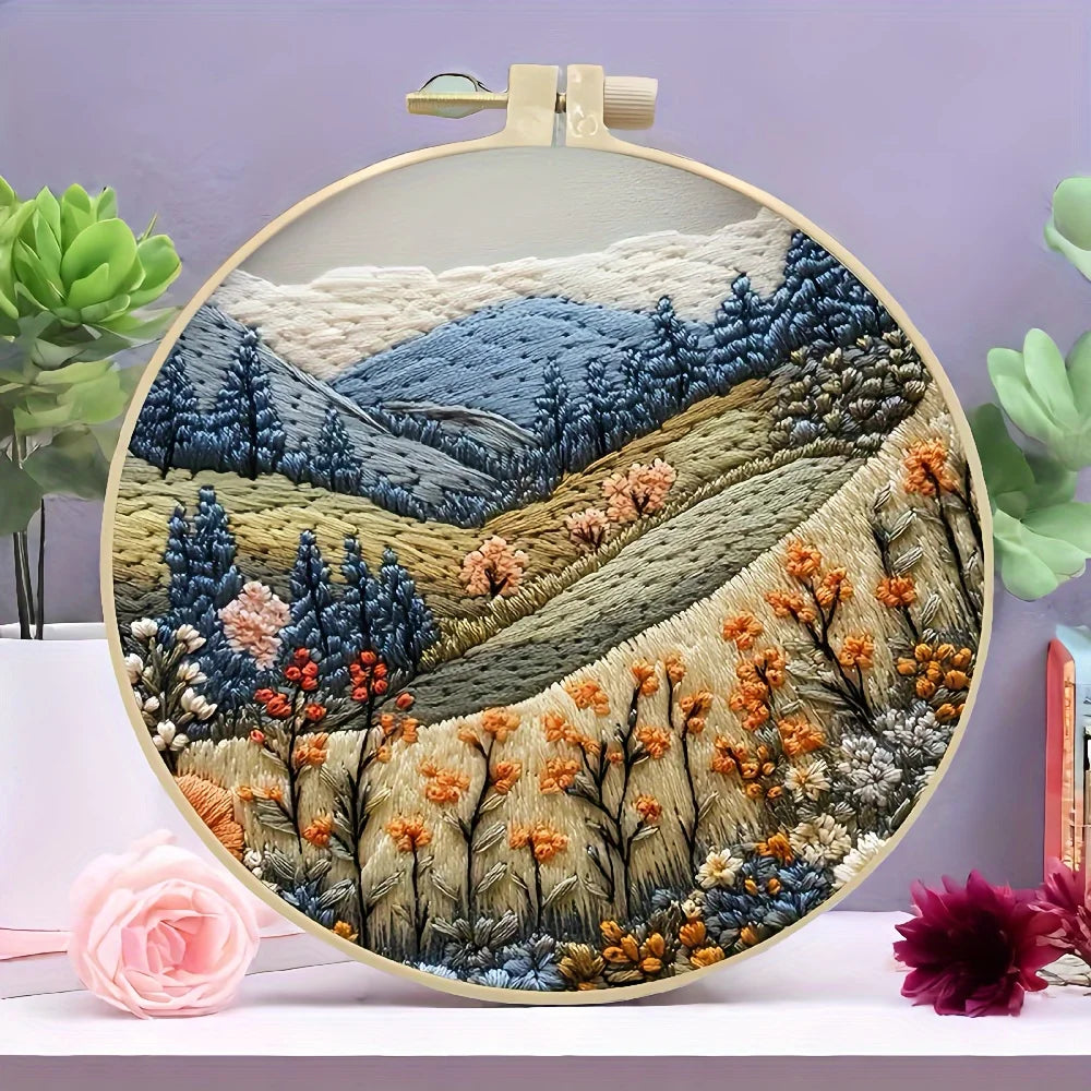Beginner Hand Embroidery Kit – Mountain & Moon Landscape DIY Set