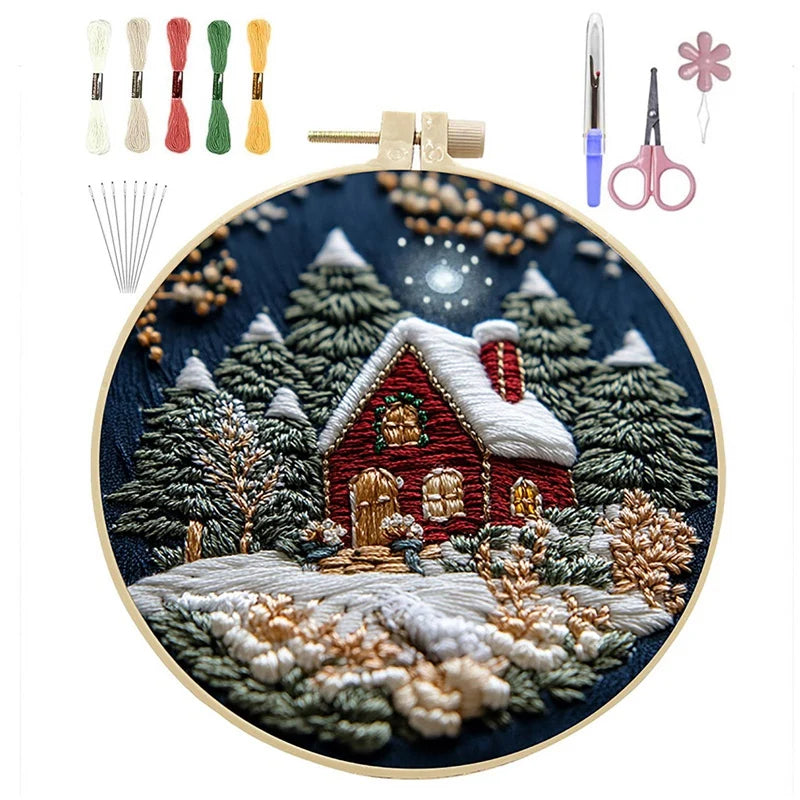 Christmas DIY Embroidery Kit – Cloth, Thread, Hoop, Needles, Instructions