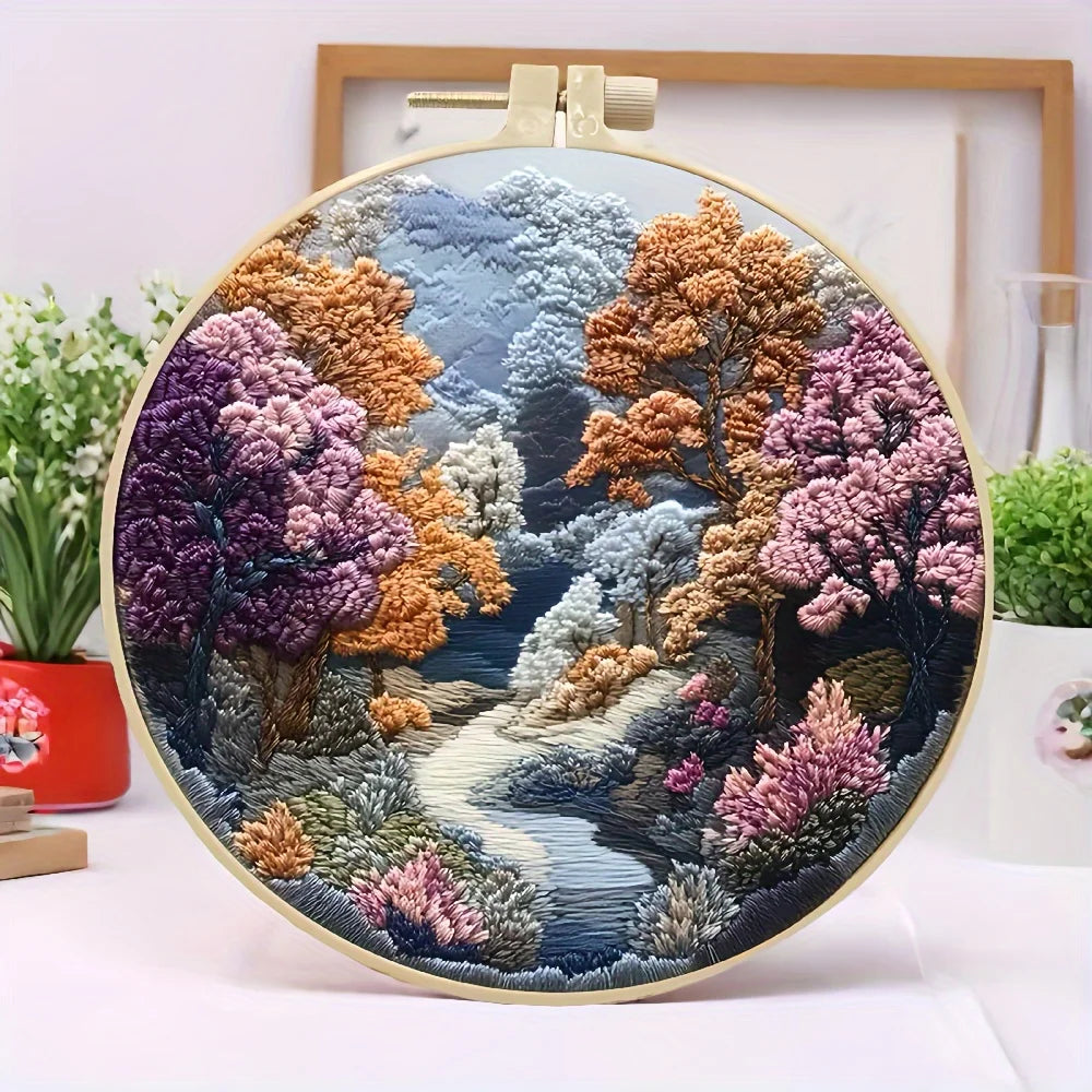 Beginner Hand Embroidery Kit – Mountain & Moon Landscape DIY Set
