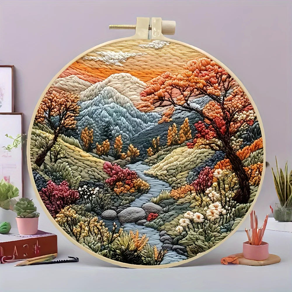 Beginner Hand Embroidery Kit – Mountain & Moon Landscape DIY Set