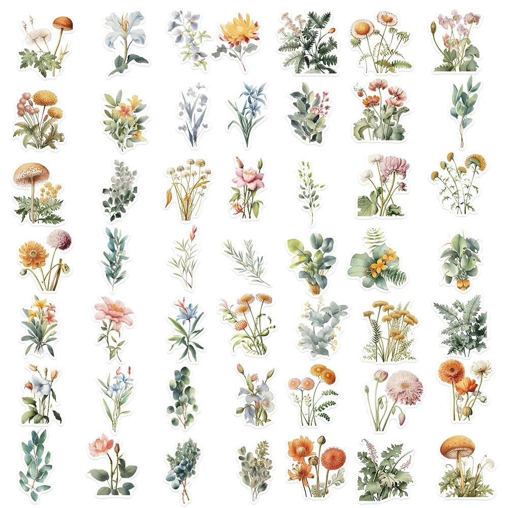 50PCS Fresh Plant Flower Stickers for Scrapbooking, Journaling & DIY