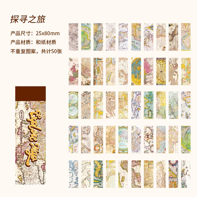 50 Sheets Vintage Washi Stickers for Scrapbooking and DIY Crafts