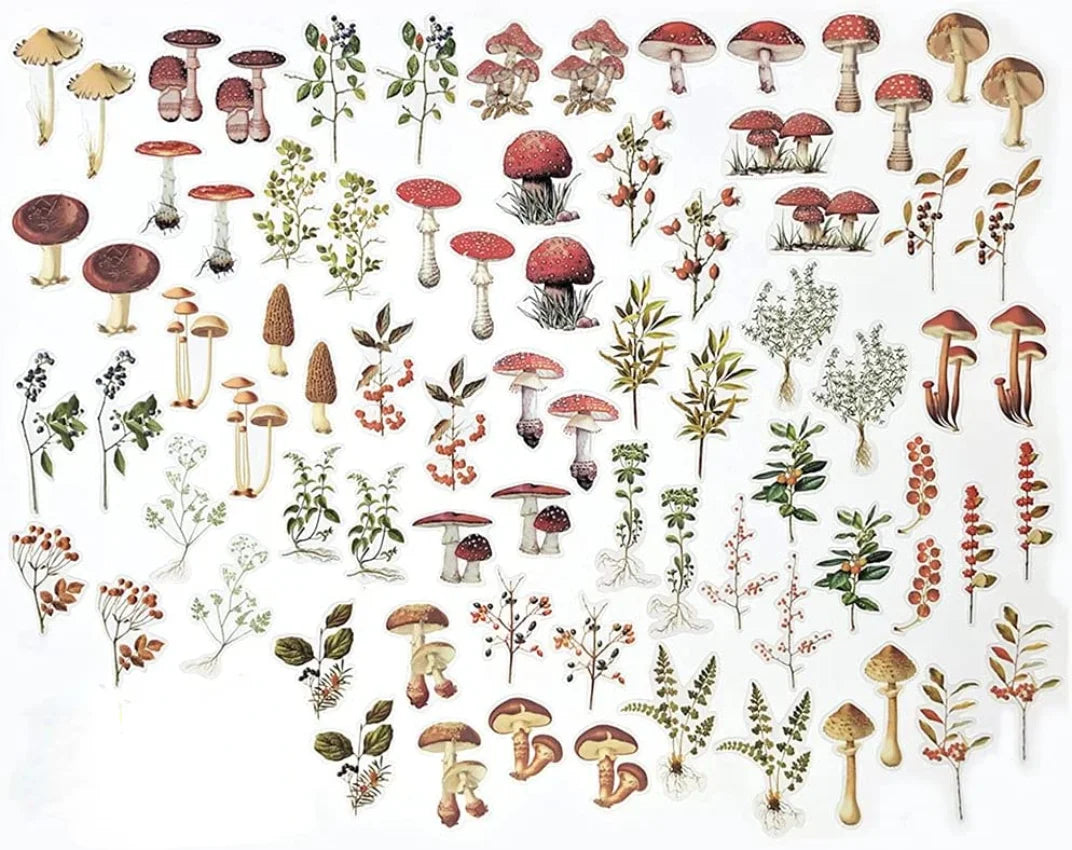 80-Piece Mushroom & Plant Stickers for Scrapbooking, Journaling, DIY Crafts