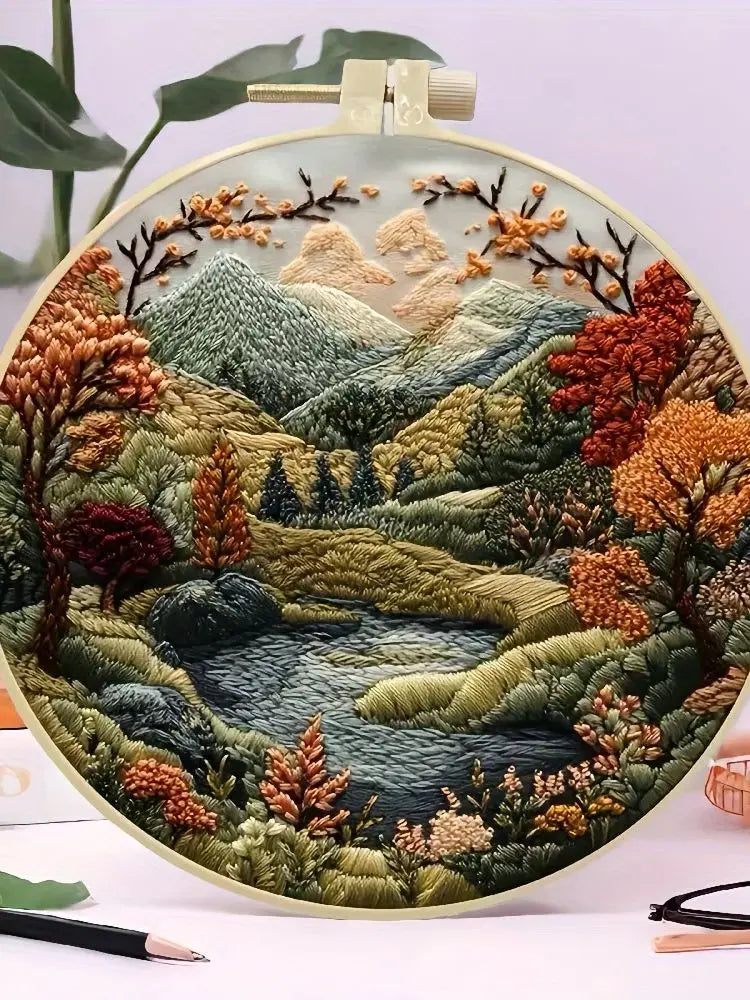 Beginner Hand Embroidery Kit – Mountain & Moon Landscape DIY Set