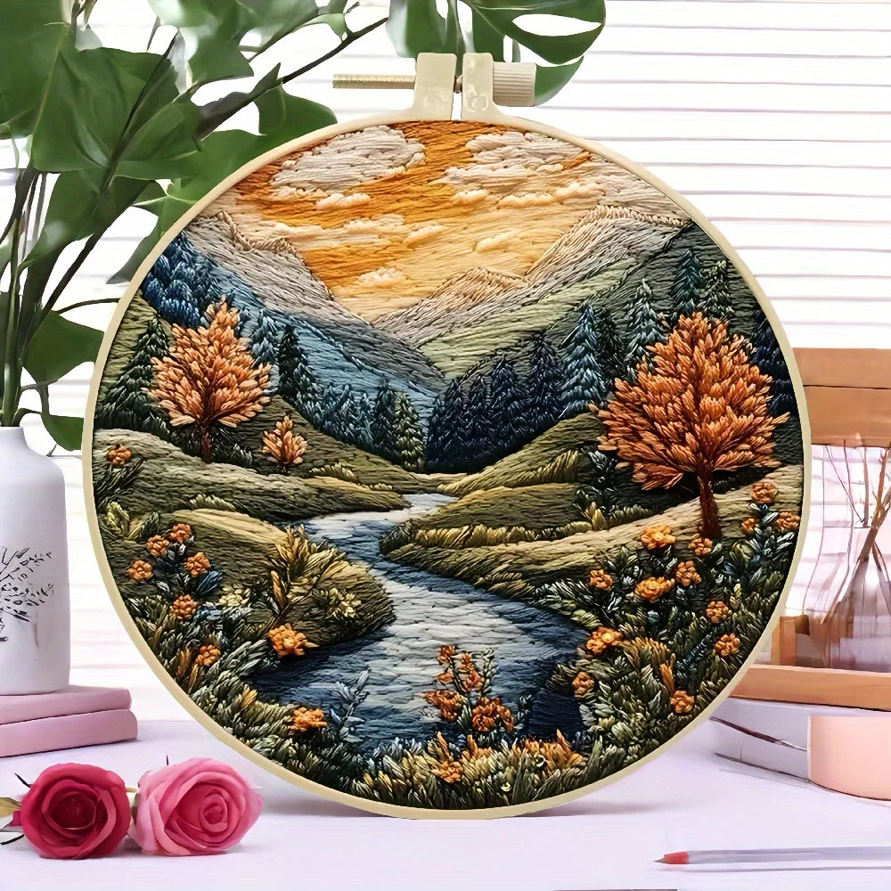 Beginner Hand Embroidery Kit – Mountain & Moon Landscape DIY Set