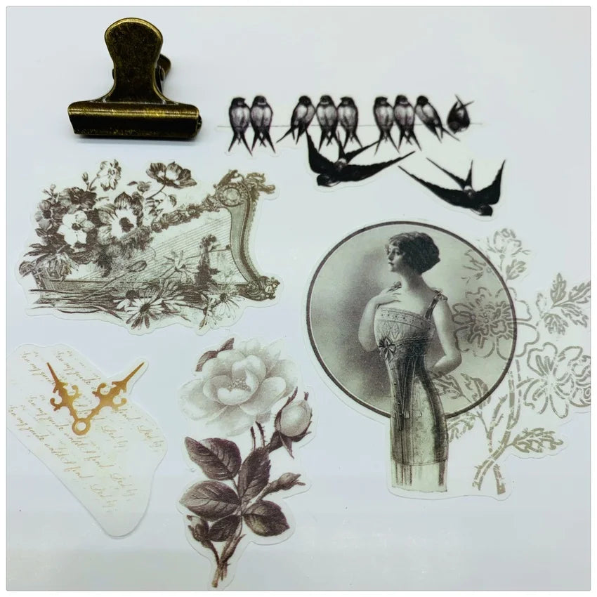 17-Piece Vintage Black & White Newspaper Sticker Set for Crafts