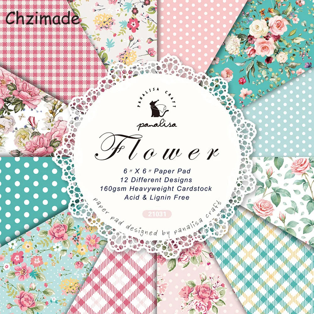 12-Sheet Vintage Flower Paper Pad for Scrapbooking & DIY Crafts