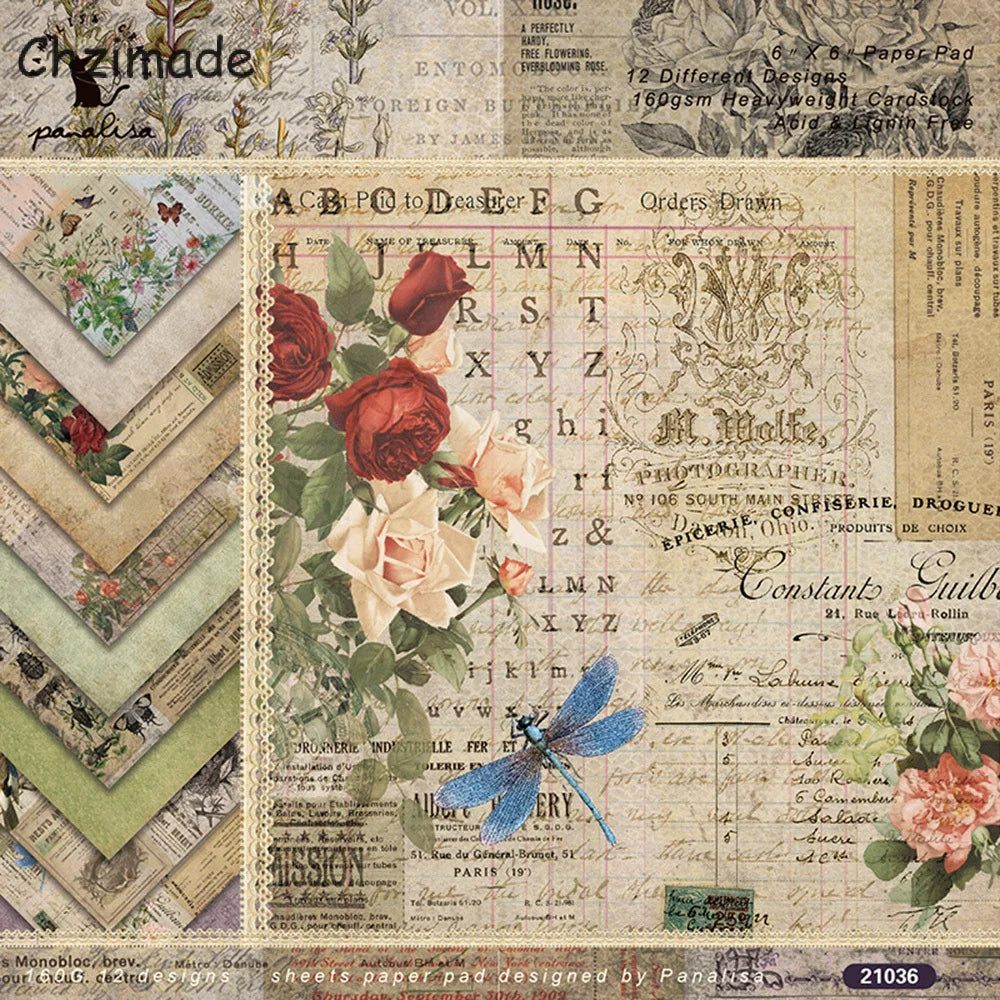 12-Sheet Vintage Flower Paper Pad for Scrapbooking & DIY Crafts