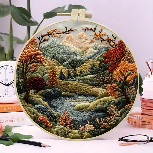 Beginner Hand Embroidery Kit – Mountain & Moon Landscape DIY Set