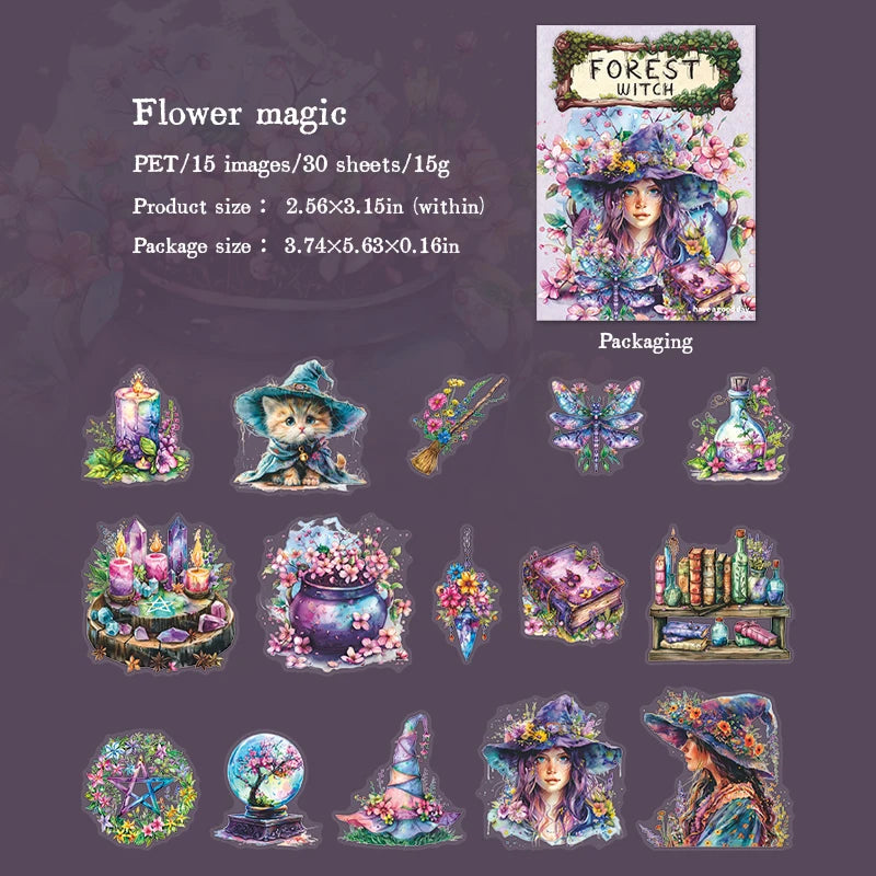 30-Piece Forest Witch Series PET Stickers for Scrapbooking & Journals