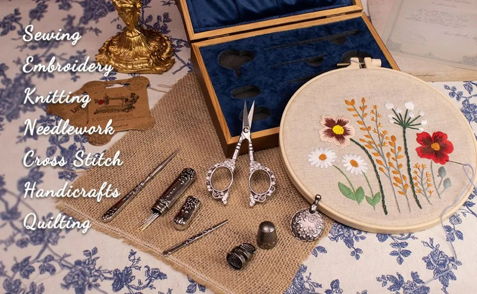 Vintage Sewing Kit – Embroidery Scissors, Threader & Needle Set