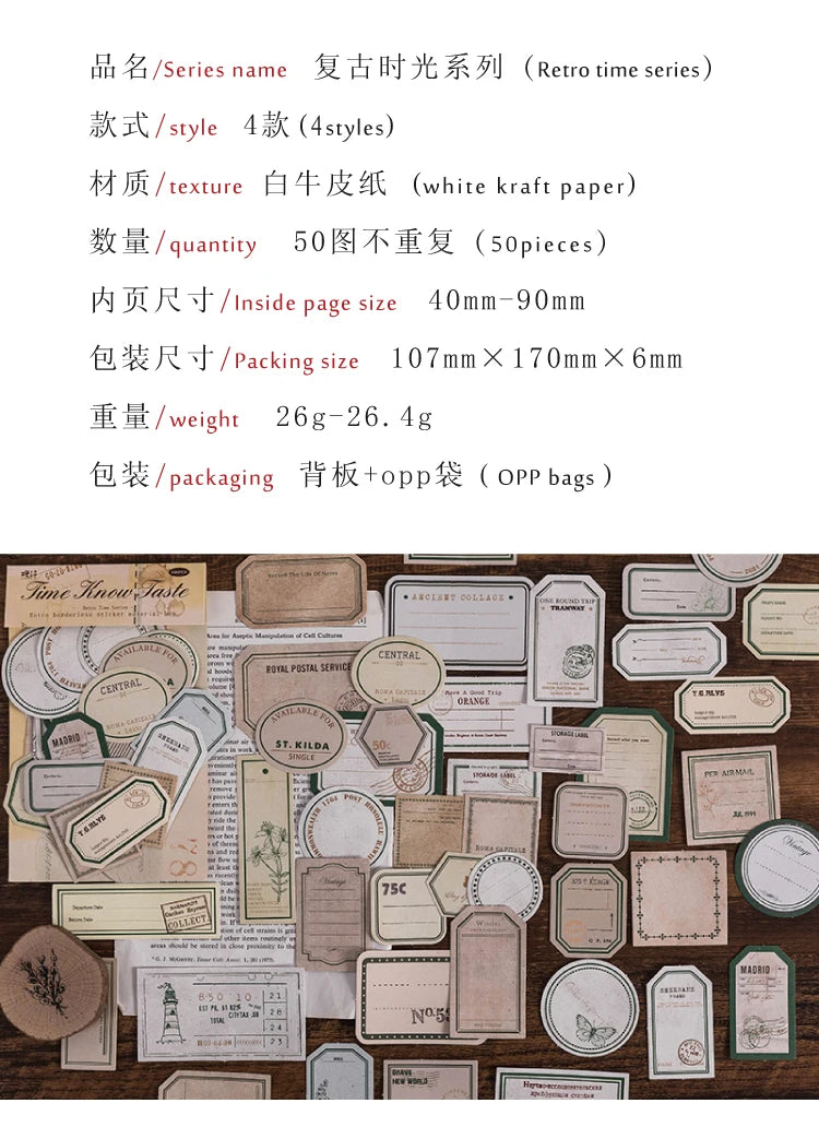 50-Piece Vintage Sticker Set for Scrapbooking, Journaling, and Crafts