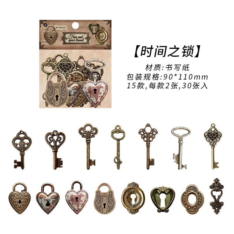 30-Piece Vintage Mechanical Clock Stickers for DIY Projects & Scrapbooking