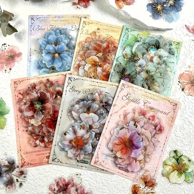 20 Sheets Vintage Flower & Letter PET Stickers for Crafting
