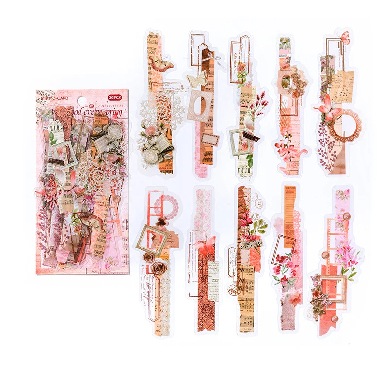 20-Piece Vintage Long Strip Sticker Set for Scrapbooking & Journaling