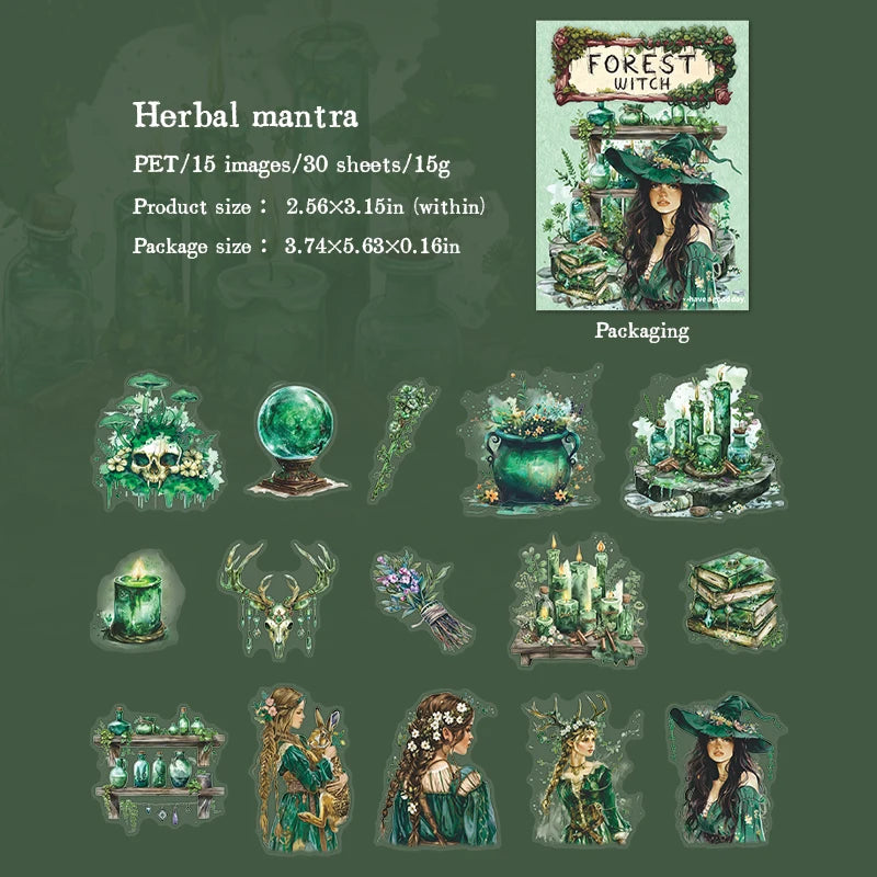 30-Piece Forest Witch Series PET Stickers for Scrapbooking & Journals
