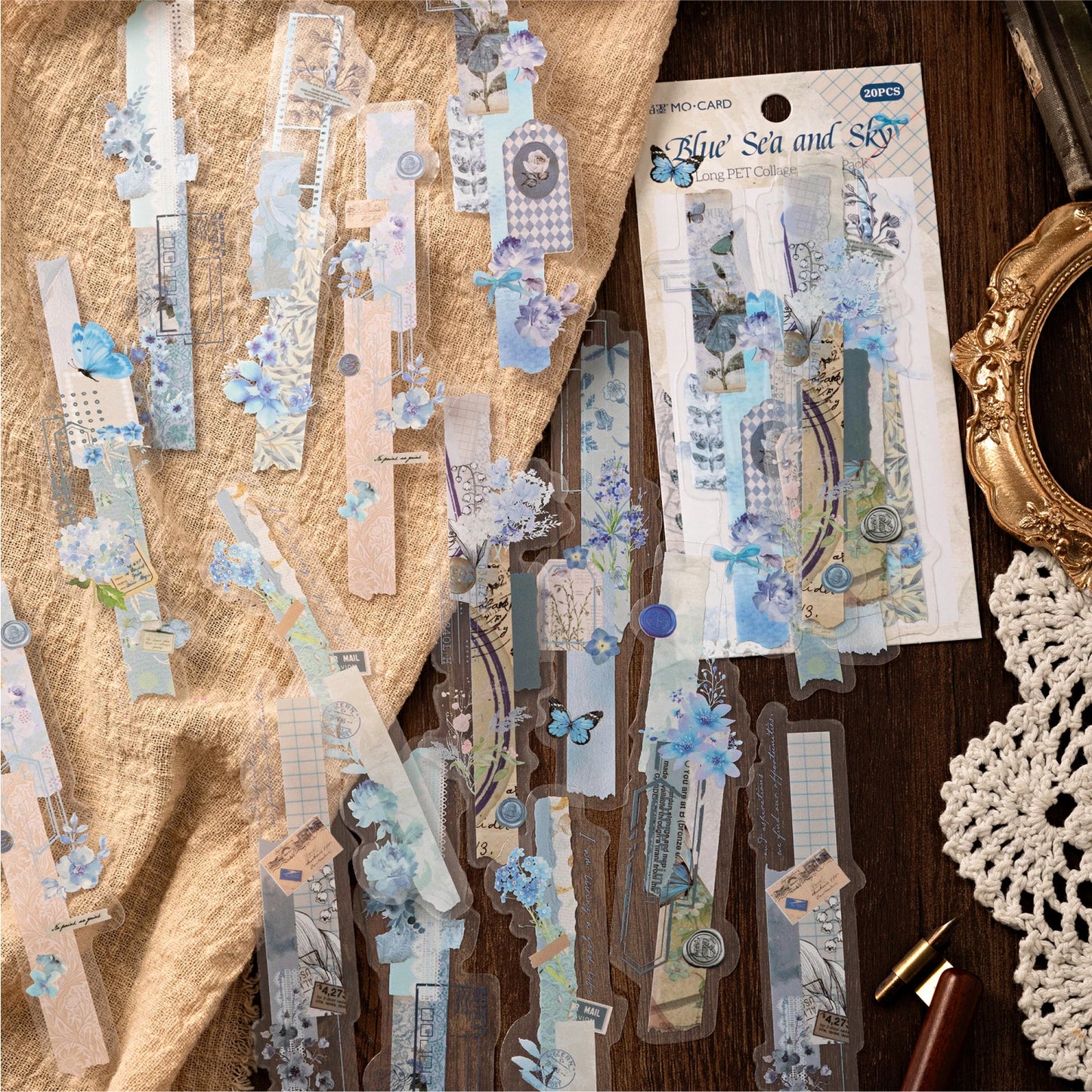 20-Piece Vintage Long Strip Sticker Set for Scrapbooking & Journaling
