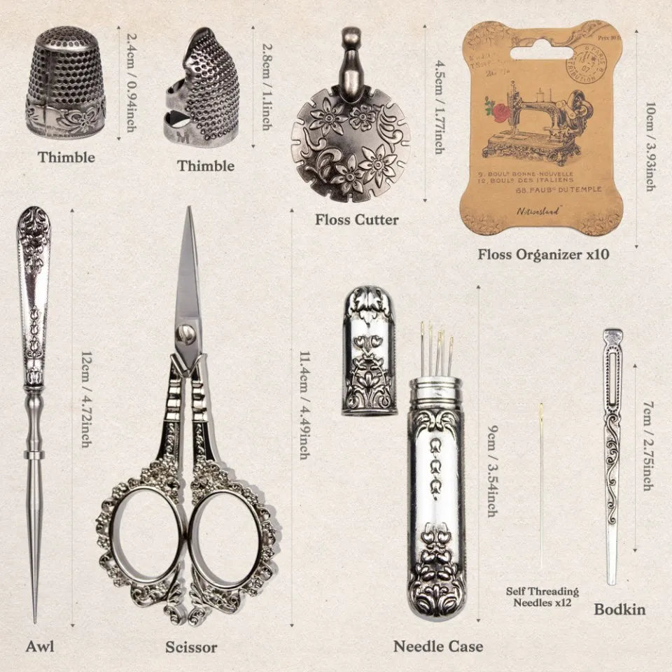 Vintage Sewing Kit – Embroidery Scissors, Threader & Needle Set
