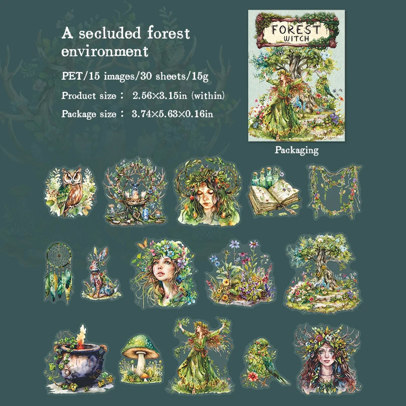 30-Piece Forest Witch Series PET Stickers for Scrapbooking & Journals