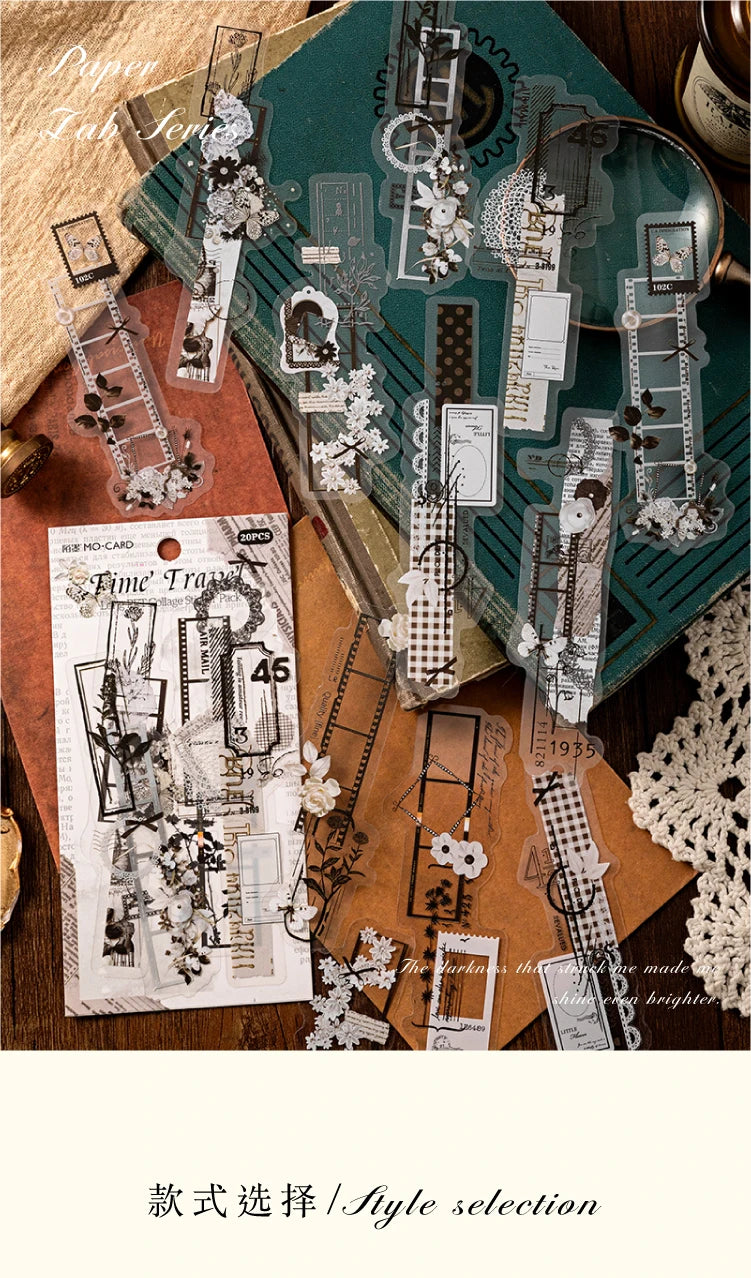 20-Piece Vintage Long Strip Sticker Set for Scrapbooking & Journaling
