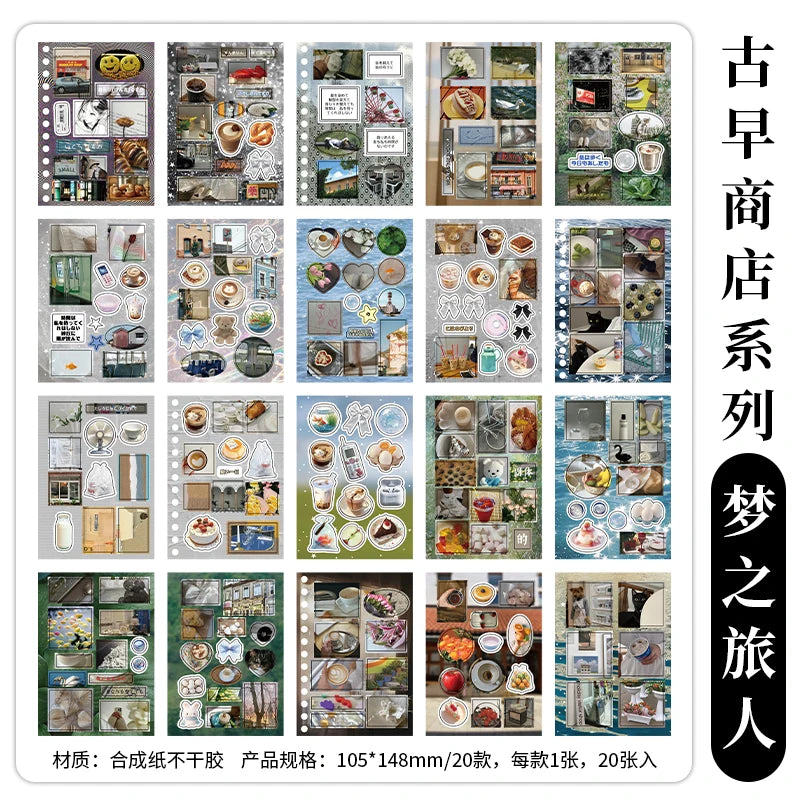 20-Piece Vintage Label PET Scenery Stickers for Scrapbooking & Crafts