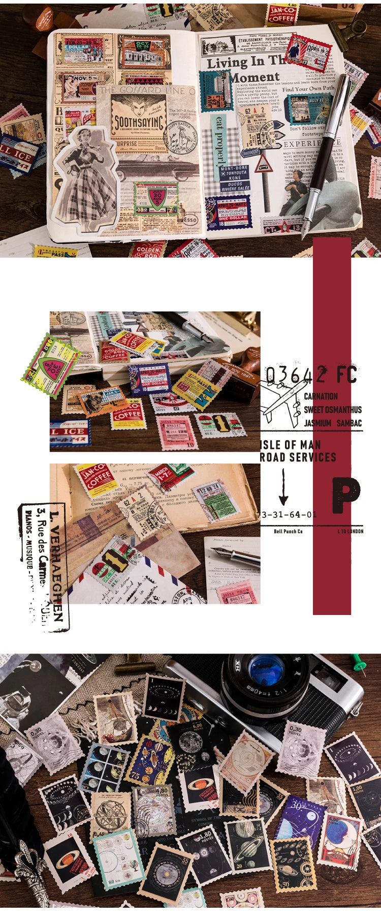 46-Piece Vintage Bronzing Stamp Stickers for Scrapbooking and Journaling
