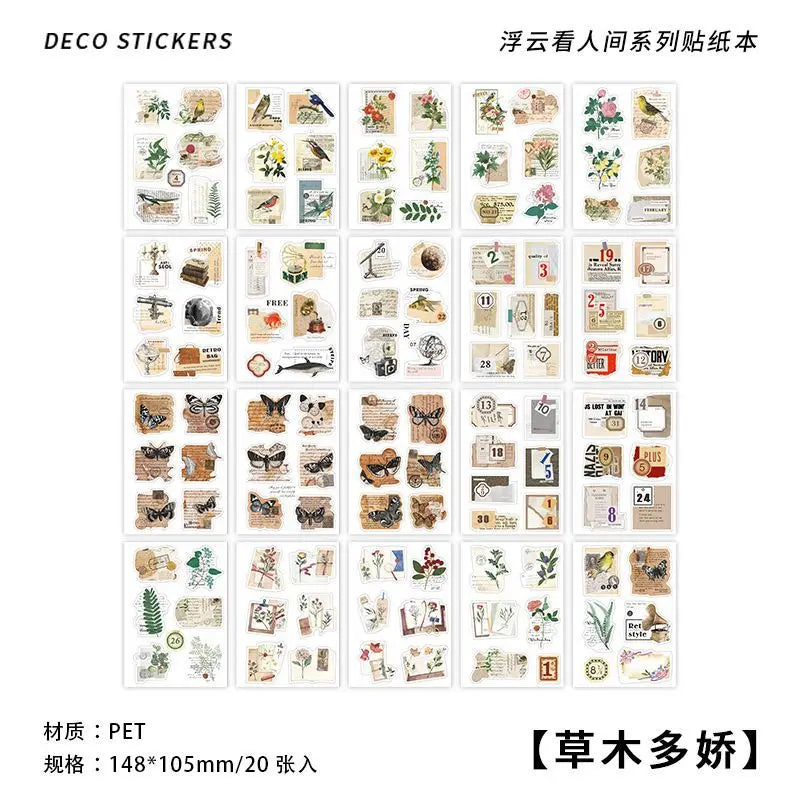 20-Piece Vintage Plant & Mushroom Stickers for Scrapbooking and Crafts