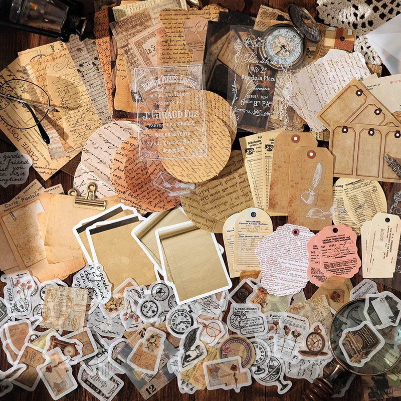 200-Piece Vintage Sticker and Paper Set for Creative Projects