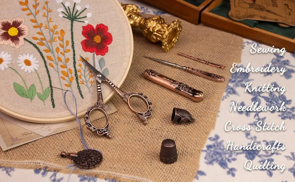 Vintage Sewing Kit – Embroidery Scissors, Threader & Needle Set