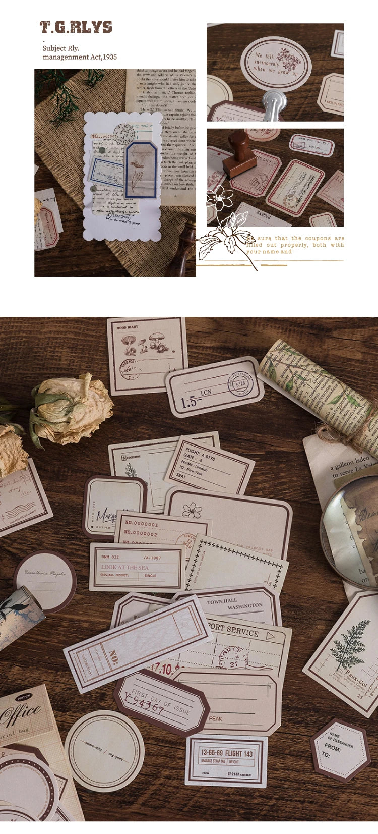 50-Piece Vintage Sticker Set for Scrapbooking, Journaling, and Crafts