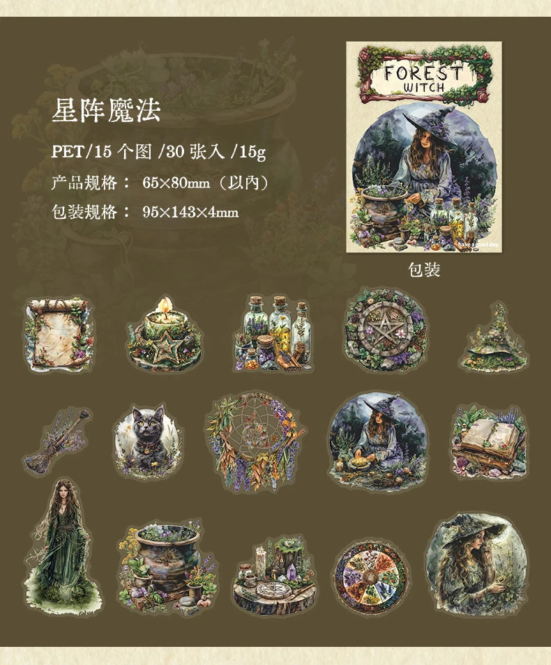 30-Piece Forest Witch Series PET Stickers for Scrapbooking & Journals