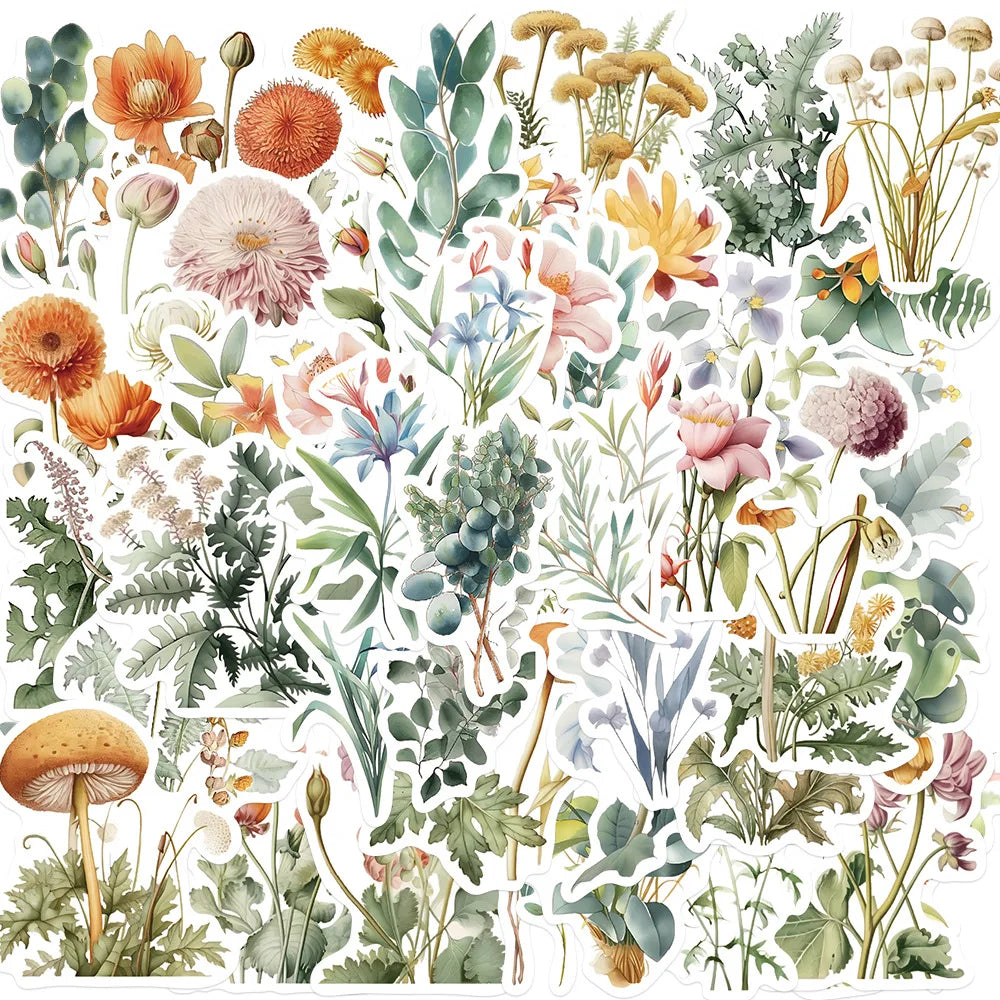 50PCS Fresh Plant Flower Stickers for Scrapbooking, Journaling & DIY