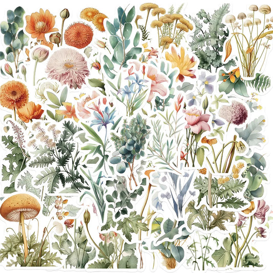 50PCS Fresh Plant Flower Stickers for Scrapbooking, Journaling & DIY