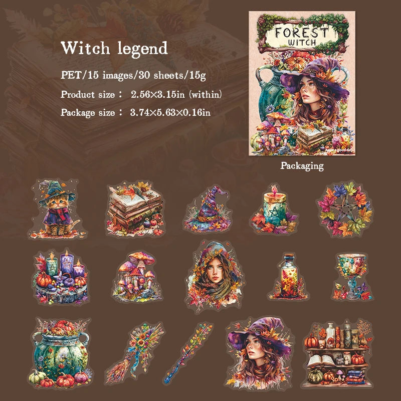 30-Piece Forest Witch Series PET Stickers for Scrapbooking & Journals
