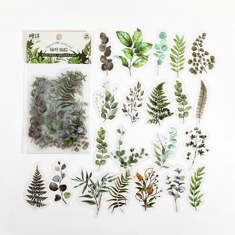 Natural Green Leaf PVC Stickers for Scrapbooking, Journals, and Crafts