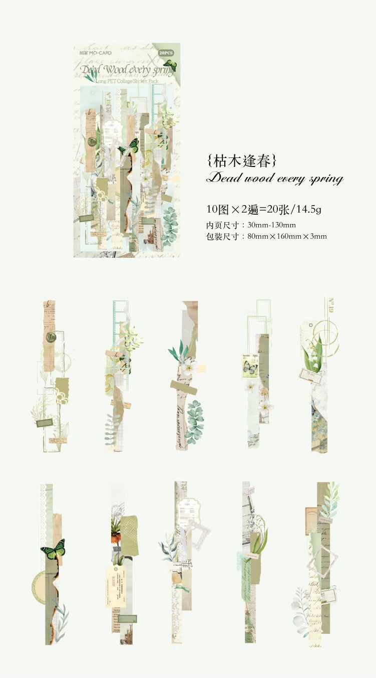 20-Piece Vintage Long Strip Sticker Set for Scrapbooking & Journaling