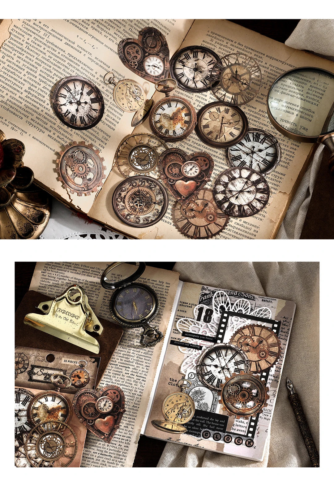 30-Piece Vintage Mechanical Clock Stickers for DIY Projects & Scrapbooking