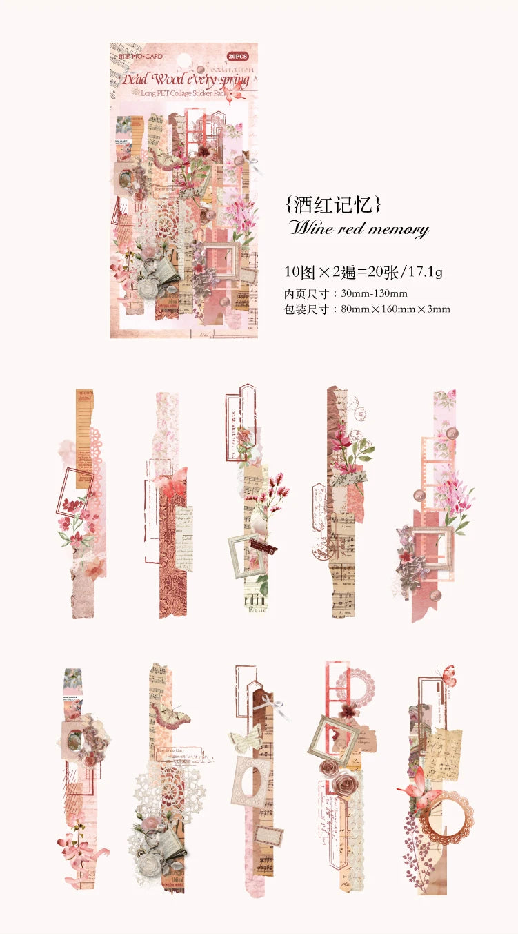 20-Piece Vintage Long Strip Sticker Set for Scrapbooking & Journaling