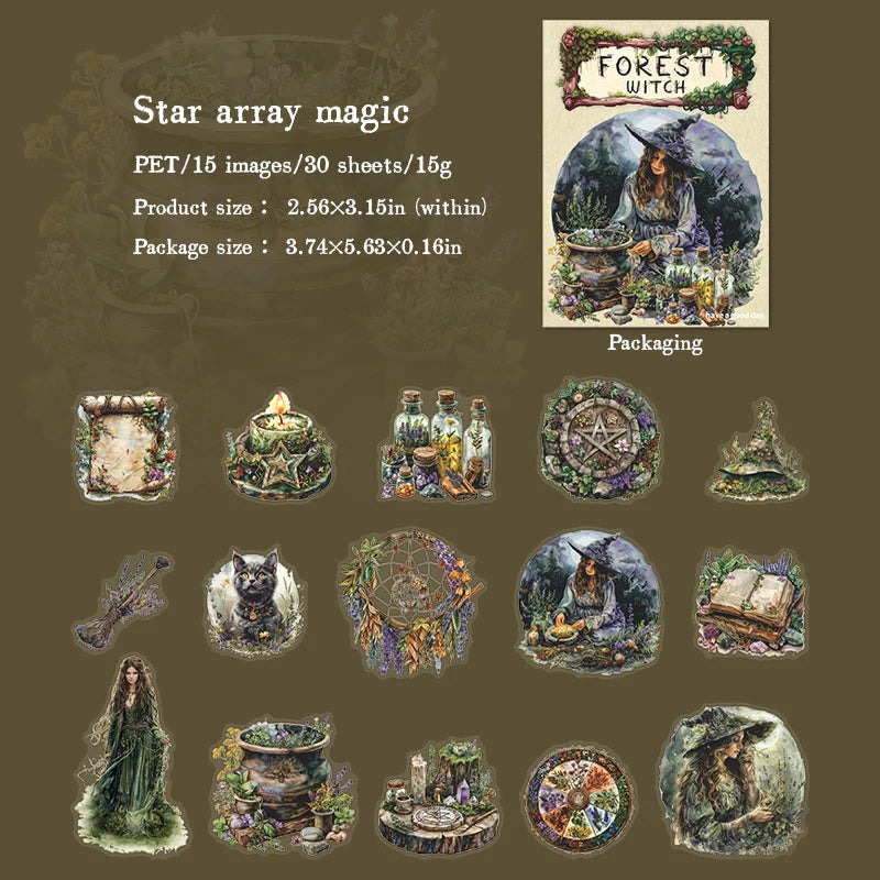 30-Piece Forest Witch Series PET Stickers for Scrapbooking & Journals