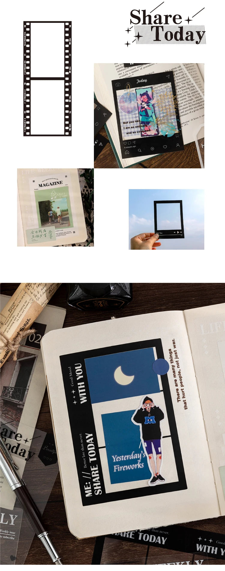 15 Sheets Vintage Photo Film Frame PET Stickers for Crafting