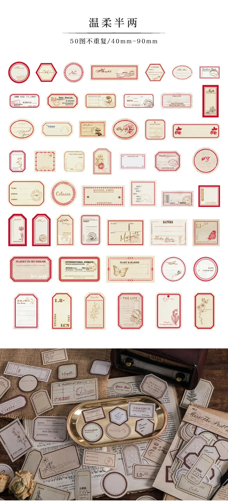 50-Piece Vintage Sticker Set for Scrapbooking, Journaling, and Crafts